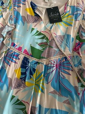 Jade Melody Tam vacay dress Tropical Print Ruffle Dress in Lg.